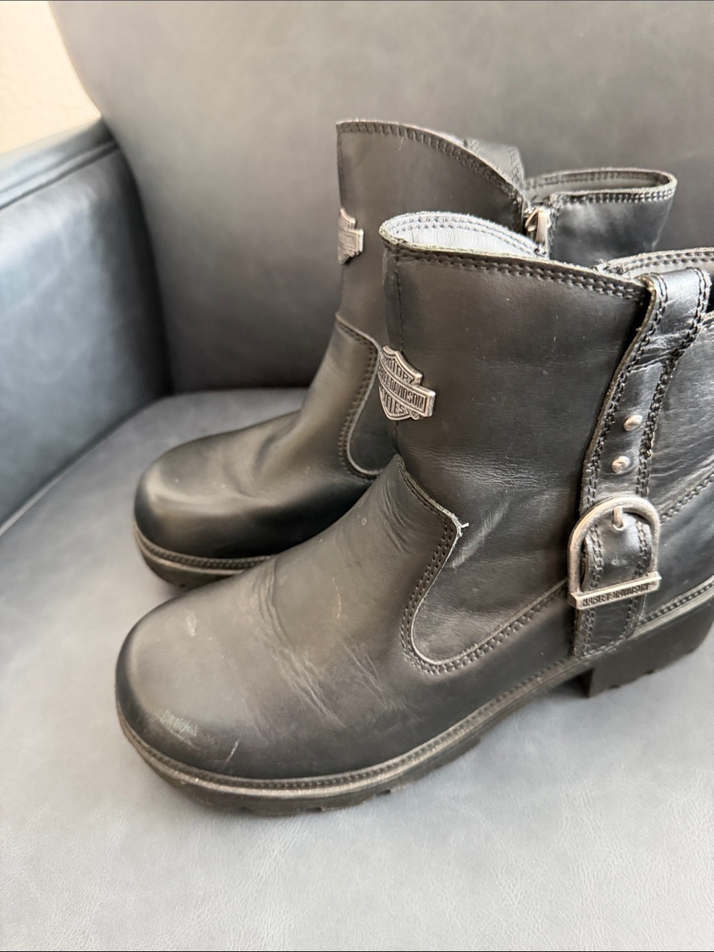 Harley-Davidson Black Leather Short Biker Boots with Shield Emblem